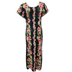 Hawaiian Maxi Dress Hibiscus Flower Palm Made In Hawaii Size Medium